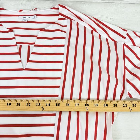 Chico's Embroidered Godet Stripe Maxi Dress Large 12 Red Coastal Vacation Resort - Picture 14 of 16